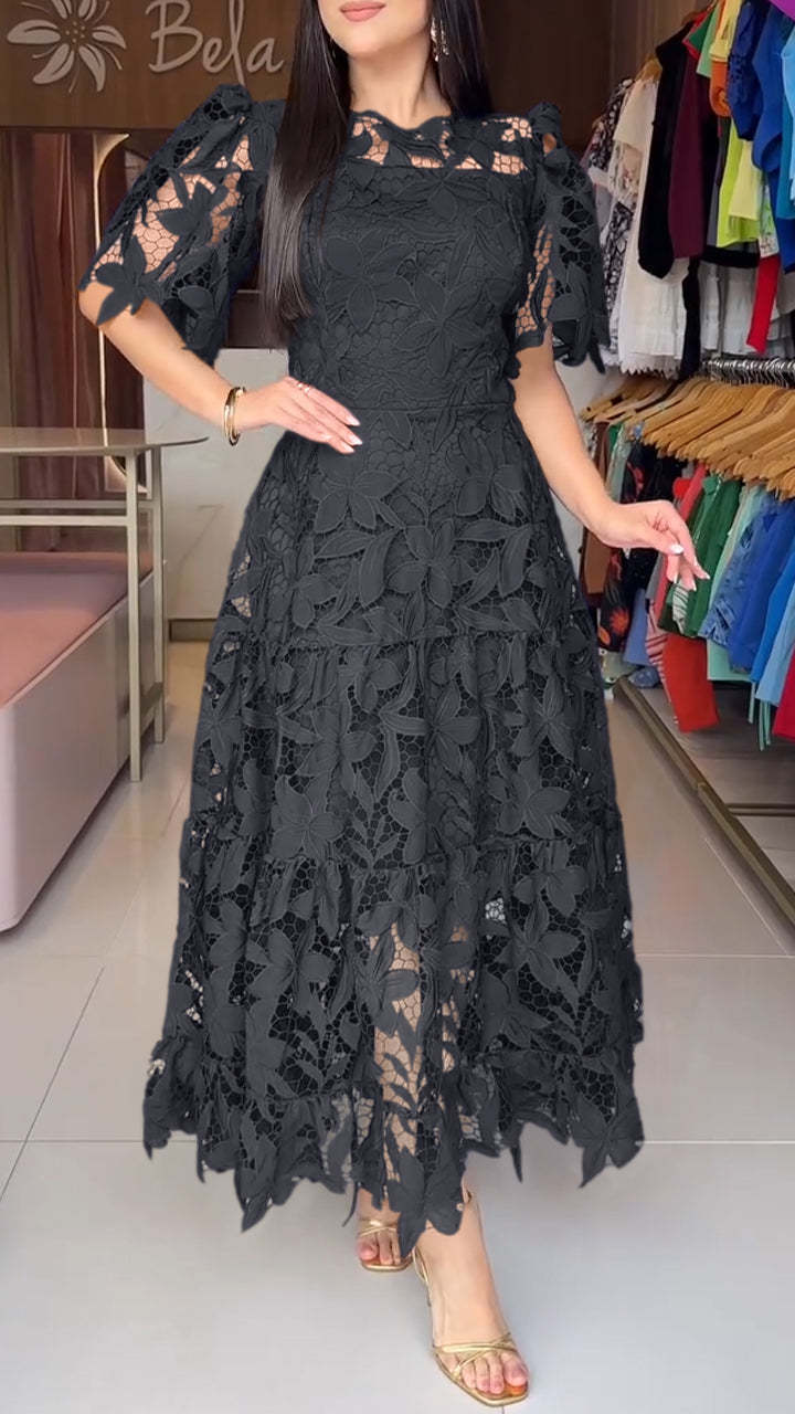 Summer Lace Hollow Out Round Neck Mid Waist Dress