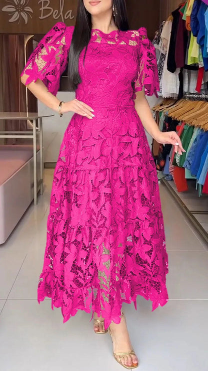 Summer Lace Hollow Out Round Neck Mid Waist Dress