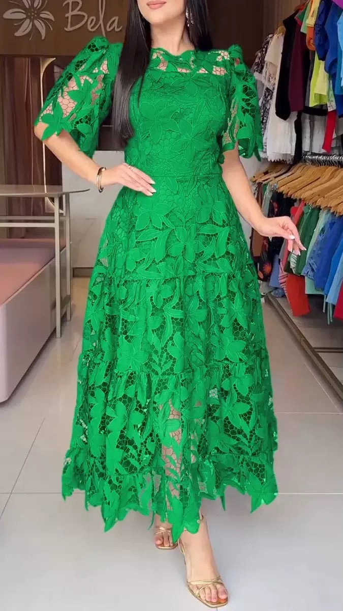 Summer Lace Hollow Out Round Neck Mid Waist Dress