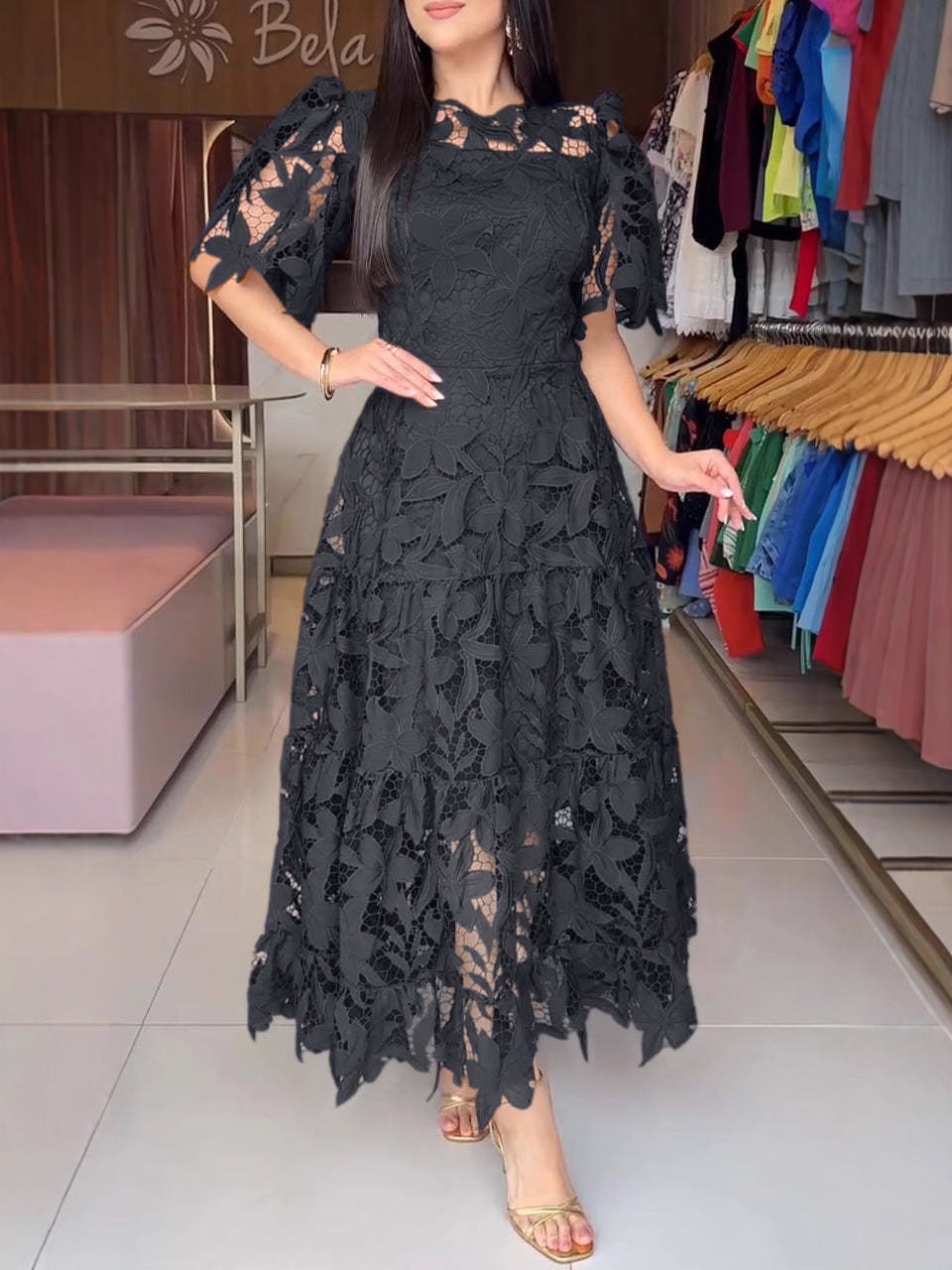 Summer Lace Hollow Out Round Neck Mid Waist Dress