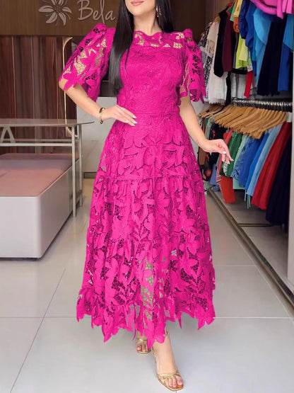 Summer Lace Hollow Out Round Neck Mid Waist Dress