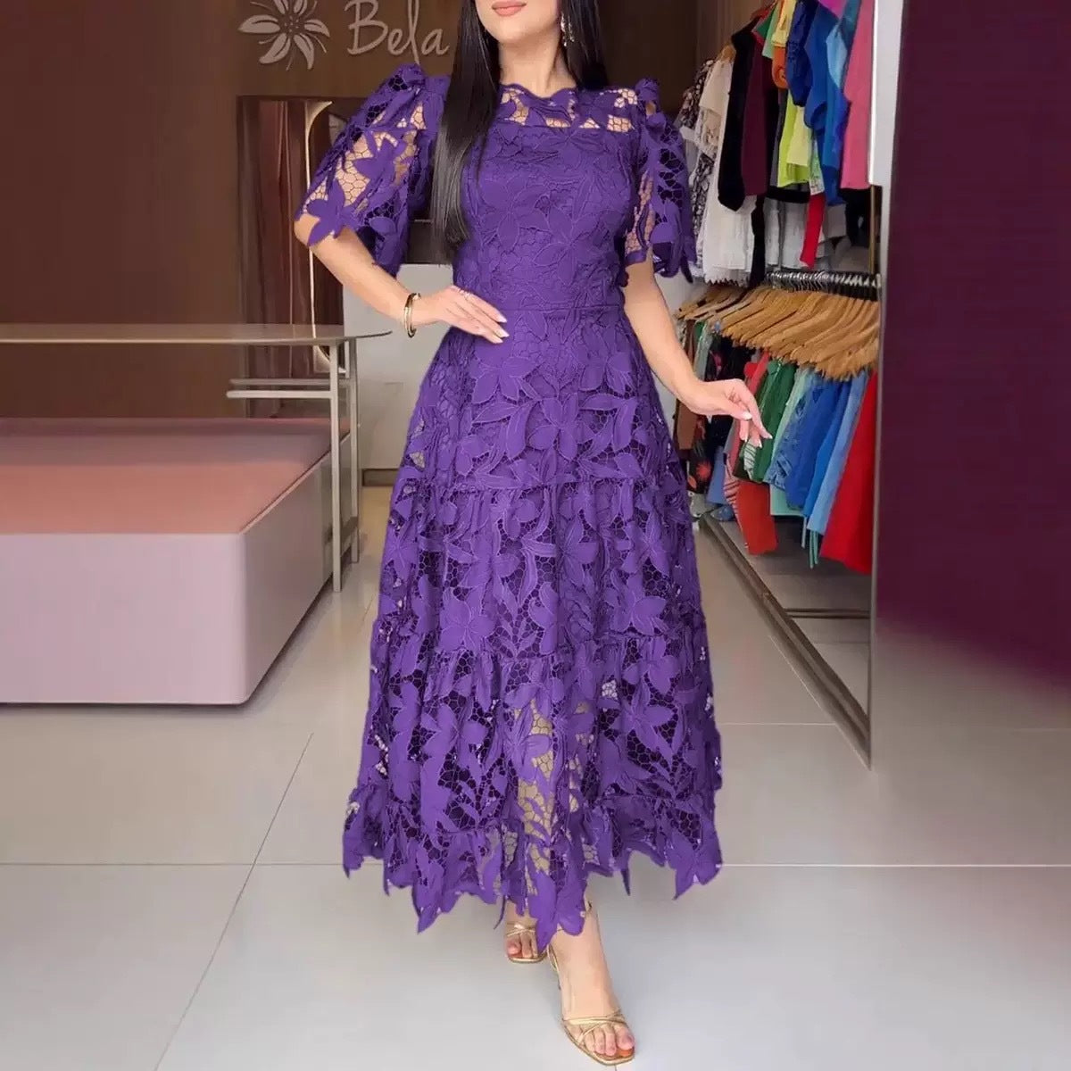Summer Lace Hollow Out Round Neck Mid Waist Dress