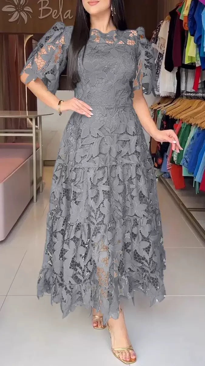 Summer Lace Hollow Out Round Neck Mid Waist Dress