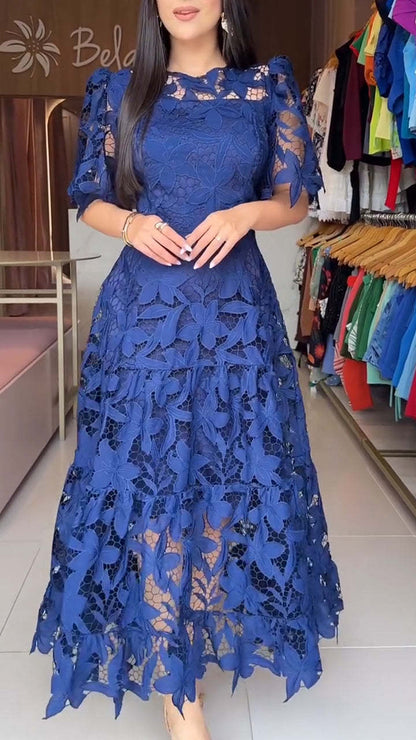 Summer Lace Hollow Out Round Neck Mid Waist Dress