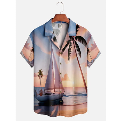 Summer Lapel Palm Print Shirt