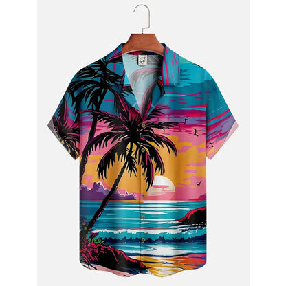 Summer Lapel Palm Print Shirt