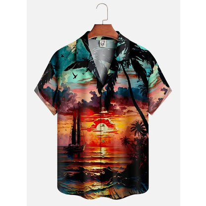 Summer Lapel Palm Print Shirt