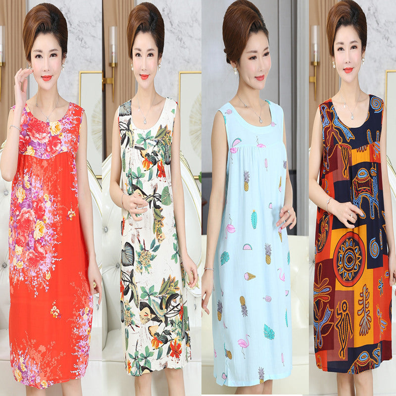 Summer middle-aged and elderly pajamas women's cotton silk mom nightdress summer adult plus size cotton cotton cotton dress