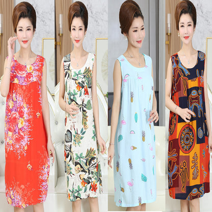 Summer middle-aged and elderly pajamas women's cotton silk mom nightdress summer adult plus size cotton cotton cotton dress