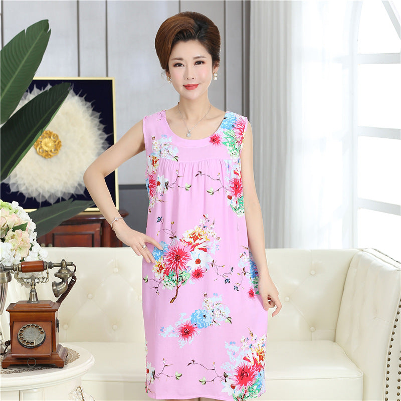 Summer middle-aged and elderly pajamas women's cotton silk mom nightdress summer adult plus size cotton cotton cotton dress
