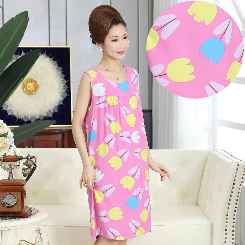 Summer middle-aged and elderly pajamas women's cotton silk mom nightdress summer adult plus size cotton cotton cotton dress