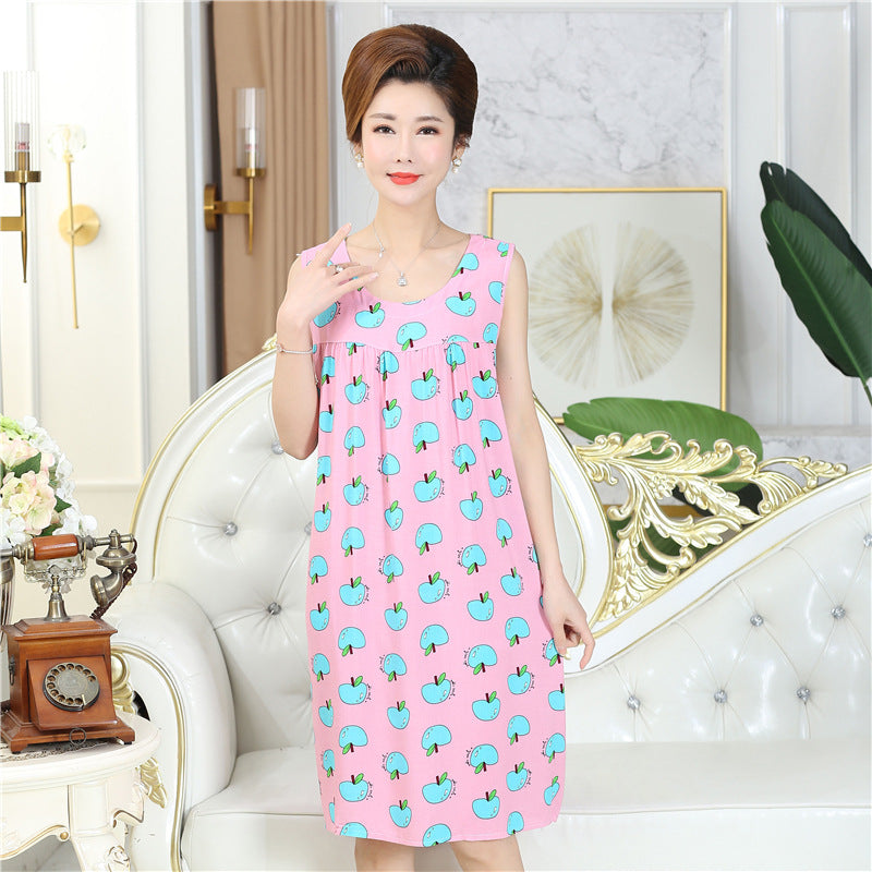 Summer middle-aged and elderly pajamas women's cotton silk mom nightdress summer adult plus size cotton cotton cotton dress