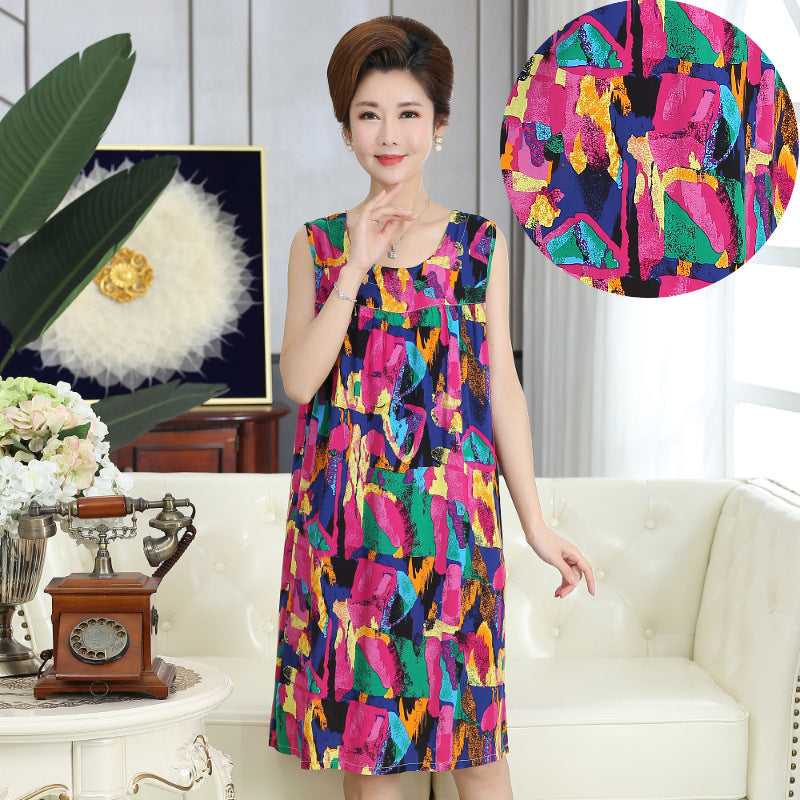 Summer middle-aged and elderly pajamas women's cotton silk mom nightdress summer adult plus size cotton cotton cotton dress