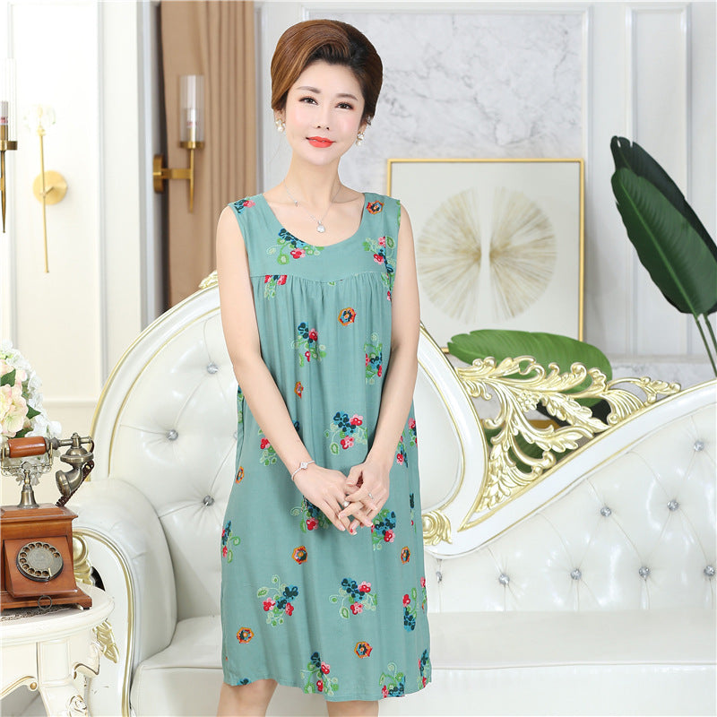 Summer middle-aged and elderly pajamas women's cotton silk mom nightdress summer adult plus size cotton cotton cotton dress