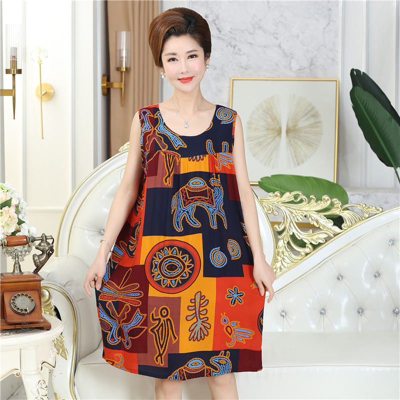 Summer middle-aged and elderly pajamas women's cotton silk mom nightdress summer adult plus size cotton cotton cotton dress