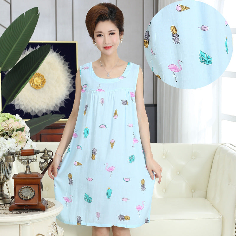 Summer middle-aged and elderly pajamas women's cotton silk mom nightdress summer adult plus size cotton cotton cotton dress