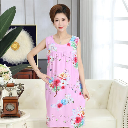 Summer middle-aged and elderly pajamas women's cotton silk mom nightdress summer adult plus size cotton cotton cotton dress