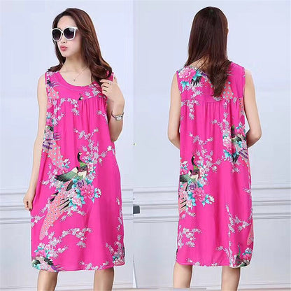 Summer middle-aged and elderly pajamas women's cotton silk mom nightdress summer adult plus size cotton cotton cotton dress