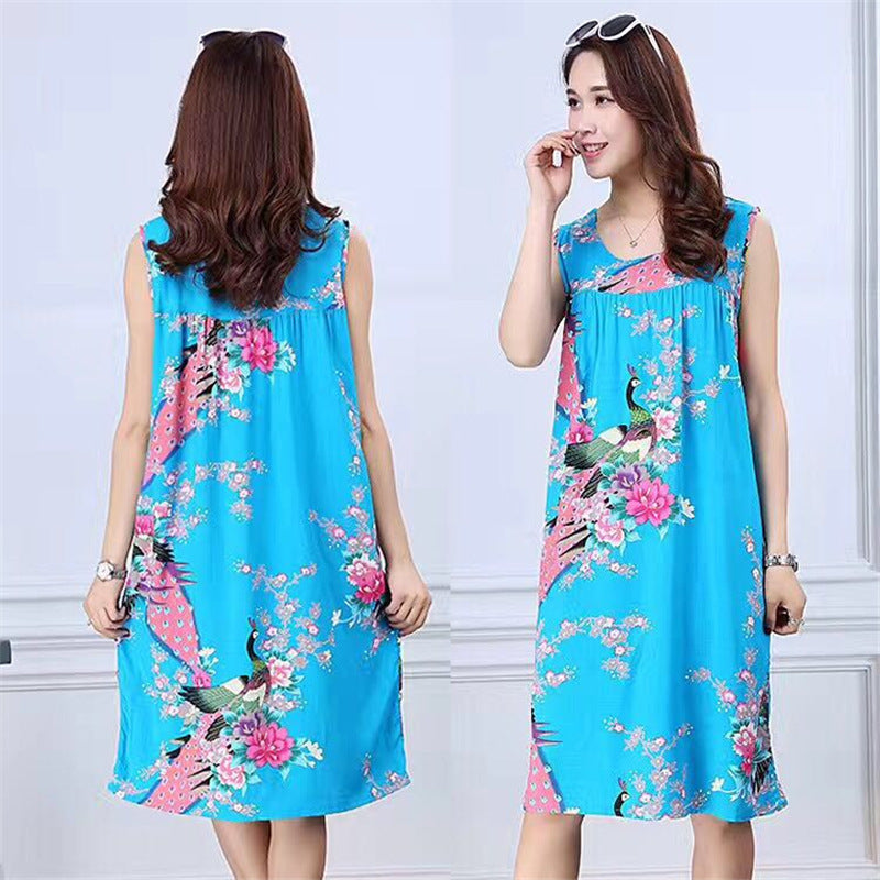 Summer middle-aged and elderly pajamas women's cotton silk mom nightdress summer adult plus size cotton cotton cotton dress