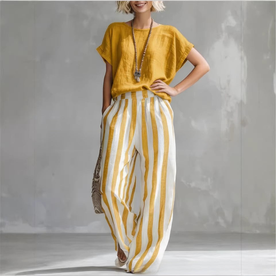 Summer New Comfortable Classic Striped Cotton-Linen Two-Piece Set