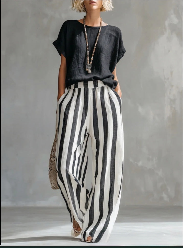 Summer New Comfortable Classic Striped Cotton-Linen Two-Piece Set
