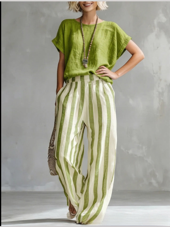 Summer New Comfortable Classic Striped Cotton-Linen Two-Piece Set