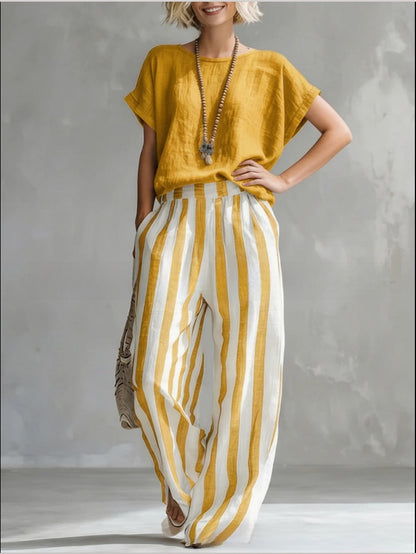 Summer New Comfortable Classic Striped Cotton-Linen Two-Piece Set