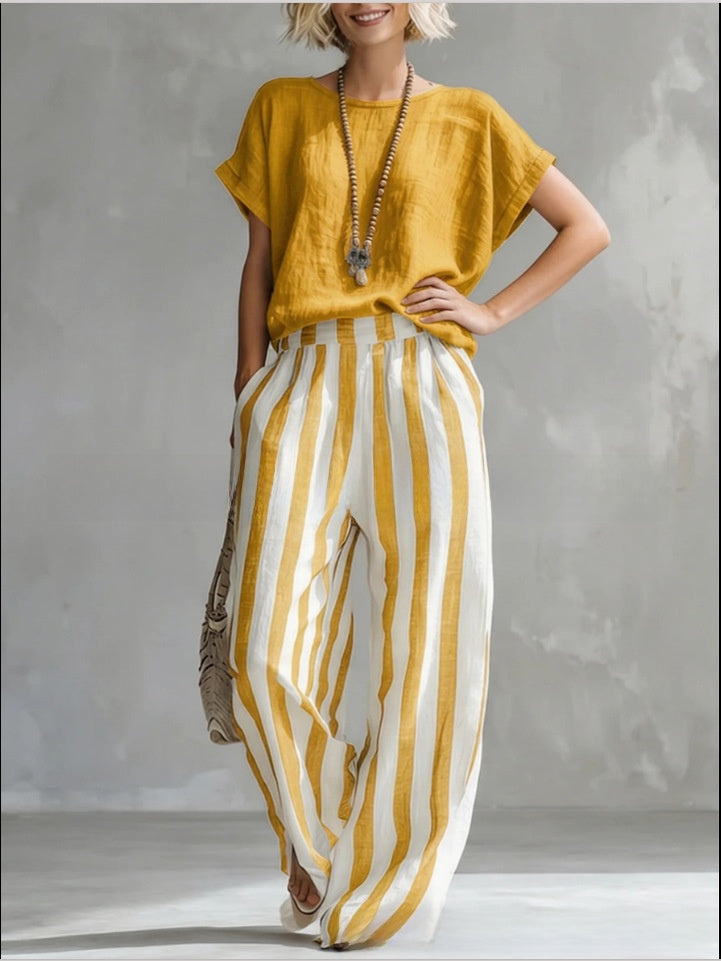 Summer New Comfortable Classic Striped Cotton-Linen Two-Piece Set