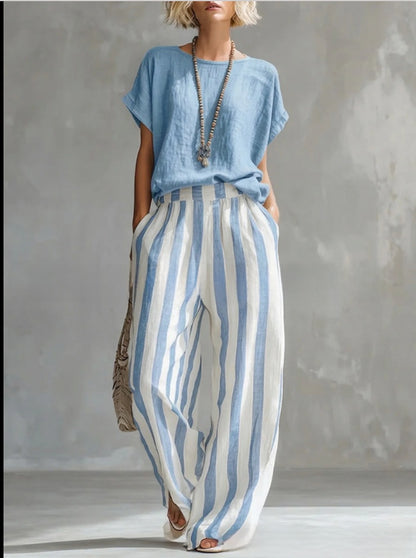 Summer New Comfortable Classic Striped Cotton-Linen Two-Piece Set