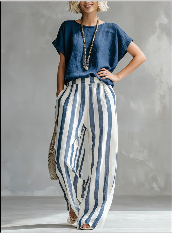 Summer New Comfortable Classic Striped Cotton-Linen Two-Piece Set