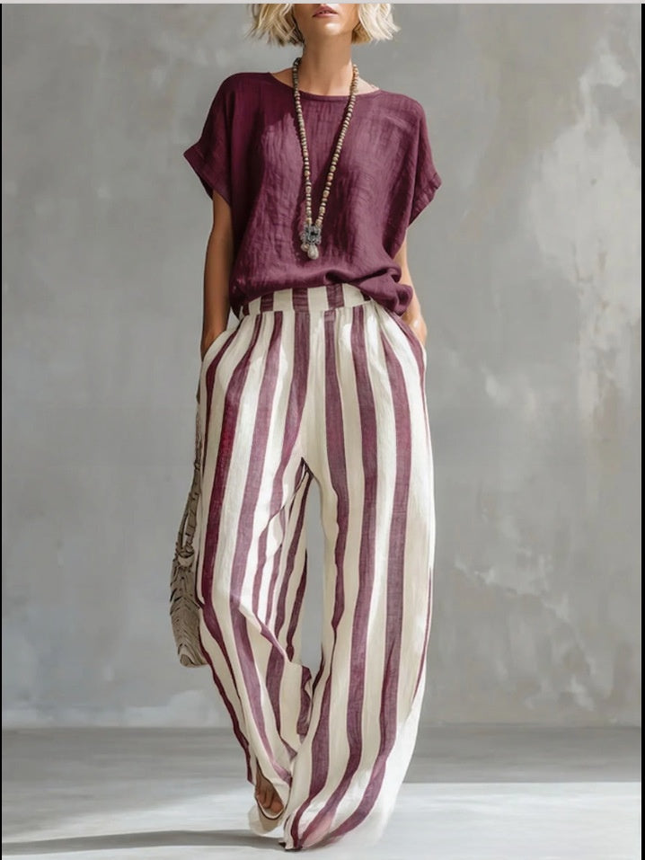 Summer New Comfortable Classic Striped Cotton-Linen Two-Piece Set