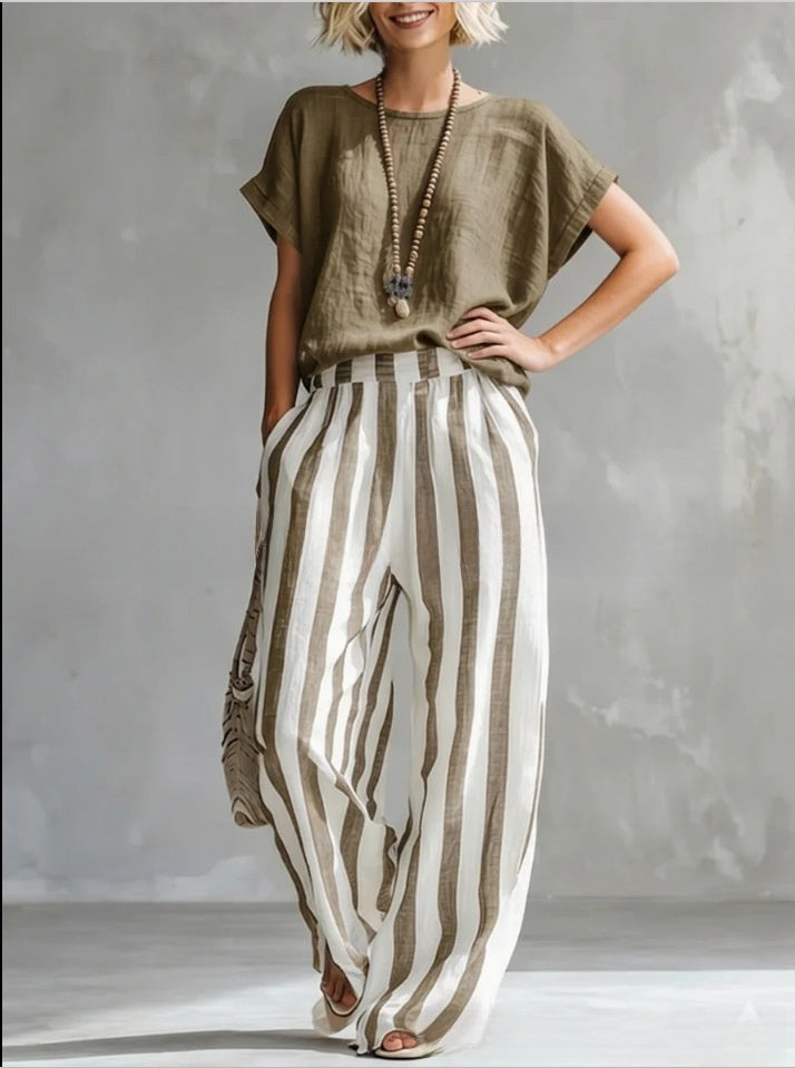 Summer New Comfortable Classic Striped Cotton-Linen Two-Piece Set