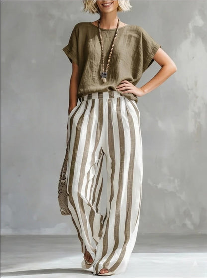 Summer New Comfortable Classic Striped Cotton-Linen Two-Piece Set