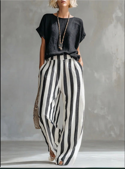 Summer New Comfortable Classic Striped Cotton-Linen Two-Piece Set
