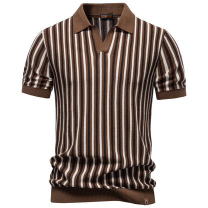 Summer New Notched Collar Stylish Striped Short-Sleeve Top