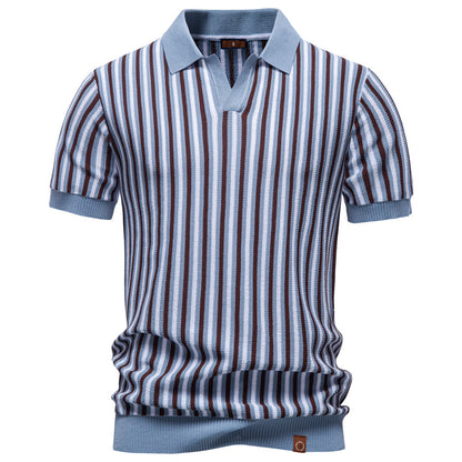 Summer New Notched Collar Stylish Striped Short-Sleeve Top