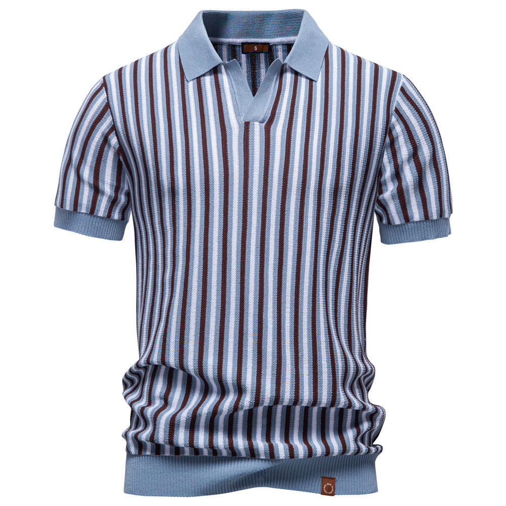 Summer New Notched Collar Stylish Striped Short-Sleeve Top