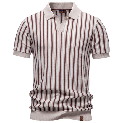 Summer New Notched Collar Stylish Striped Short-Sleeve Top