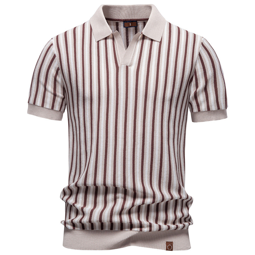 Summer New Notched Collar Stylish Striped Short-Sleeve Top