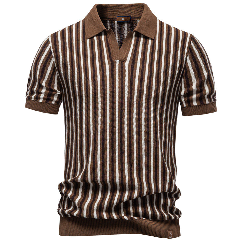 Summer New Notched Collar Stylish Striped Short-Sleeve Top