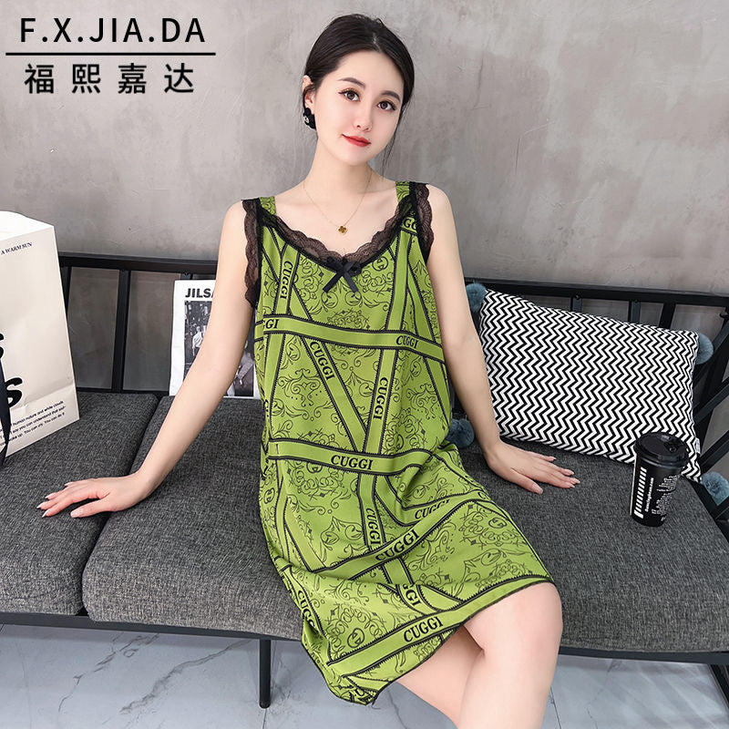 Summer New Sling Nightgown Women's Sleeveless Ice Silk Thin Fashionable Age-reducing Loose Pajamas Outer Wear Floral Dress