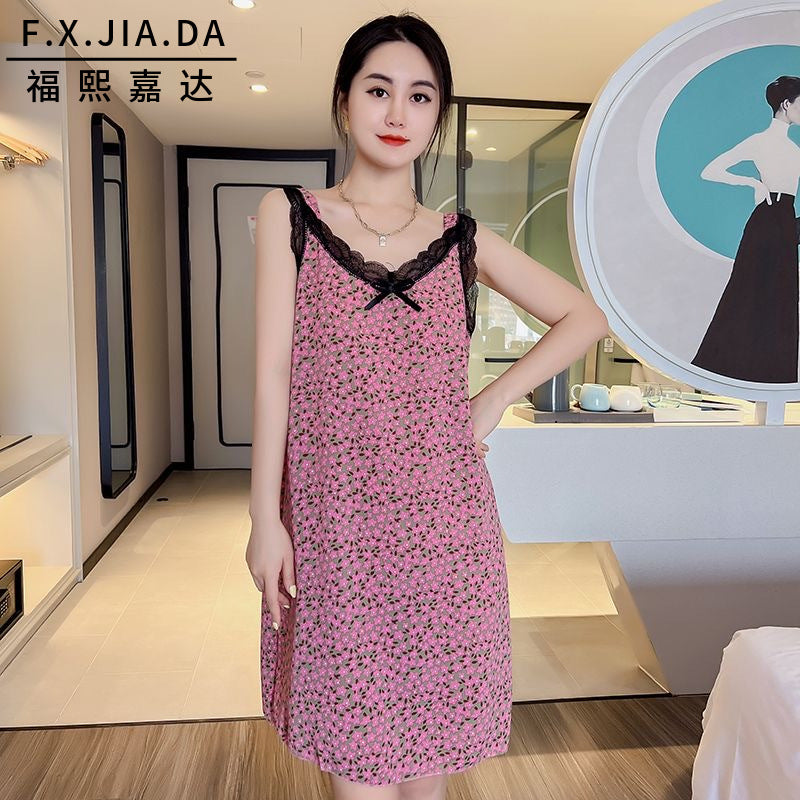 Summer New Sling Nightgown Women's Sleeveless Ice Silk Thin Fashionable Age-reducing Loose Pajamas Outer Wear Floral Dress