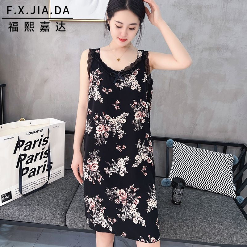 Summer New Sling Nightgown Women's Sleeveless Ice Silk Thin Fashionable Age-reducing Loose Pajamas Outer Wear Floral Dress