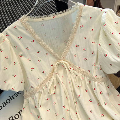 Summer Puff Sleeve Lace Trim Blouse