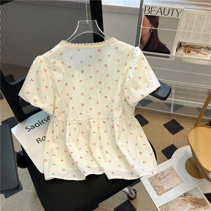 Summer Puff Sleeve Lace Trim Blouse