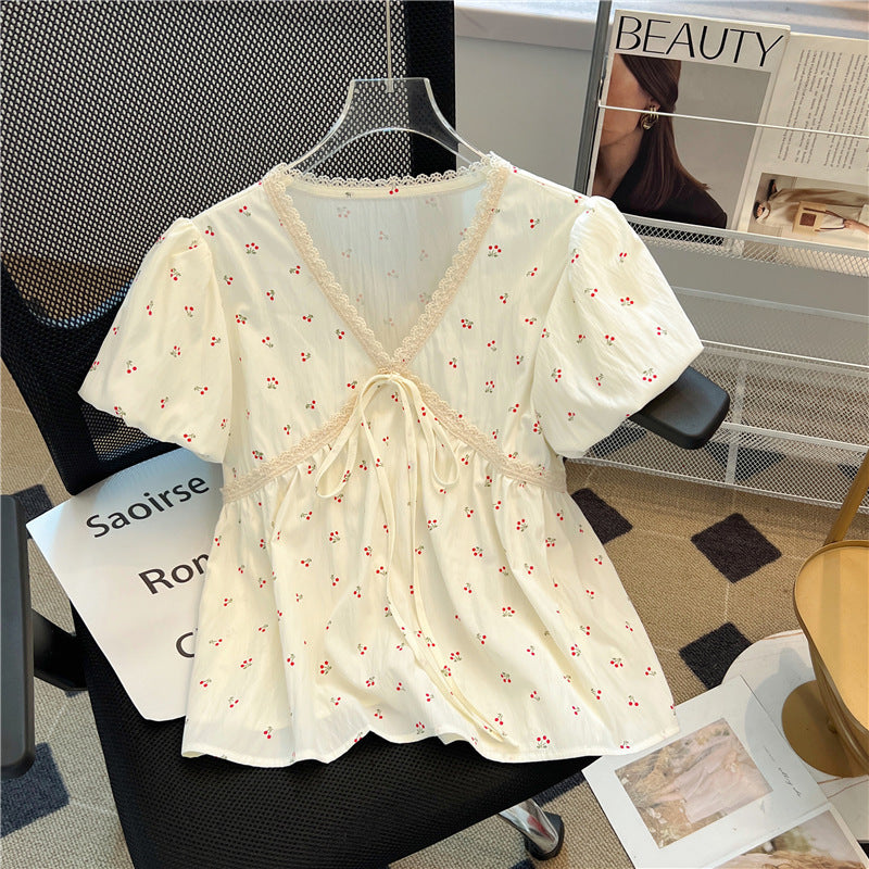 Summer Puff Sleeve Lace Trim Blouse