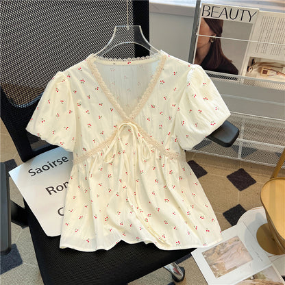 Summer Puff Sleeve Lace Trim Blouse