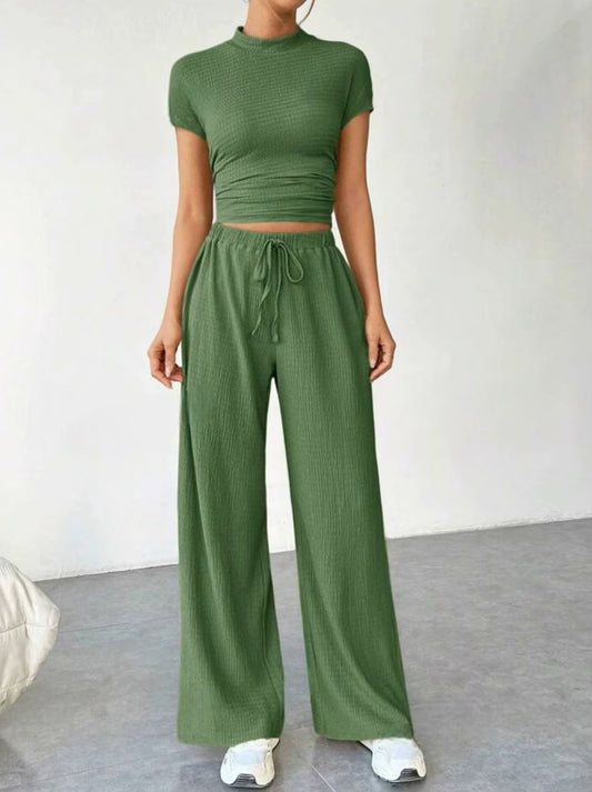 Summer solid-color short-sleeved high-waist pants