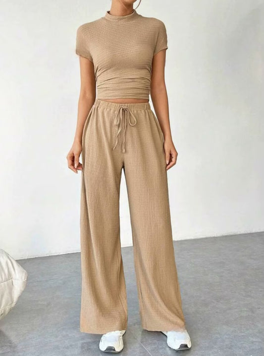 Summer solid-color short-sleeved high-waist pants