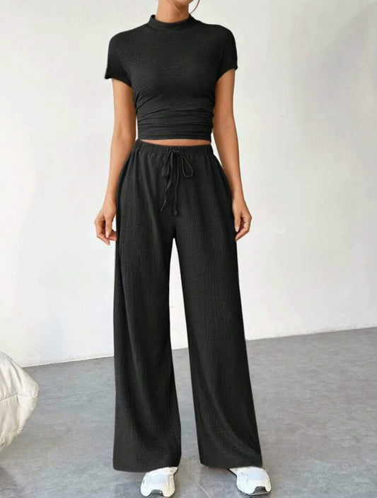 Summer solid-color short-sleeved high-waist pants